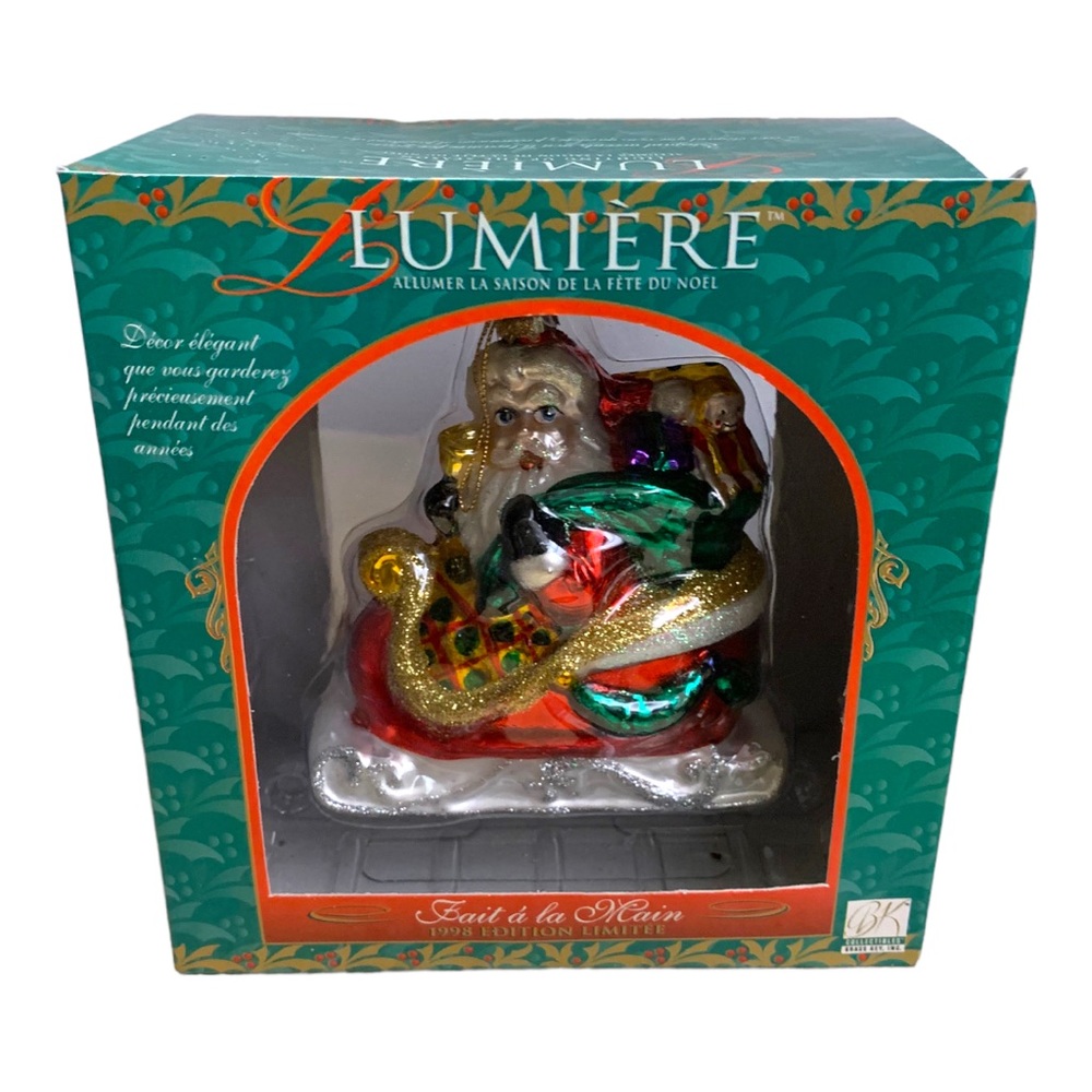 VTG 1998 Hand-Blown Glass Ornament Santa Sleigh Lumiere Ltd Ed. Christmas Décor